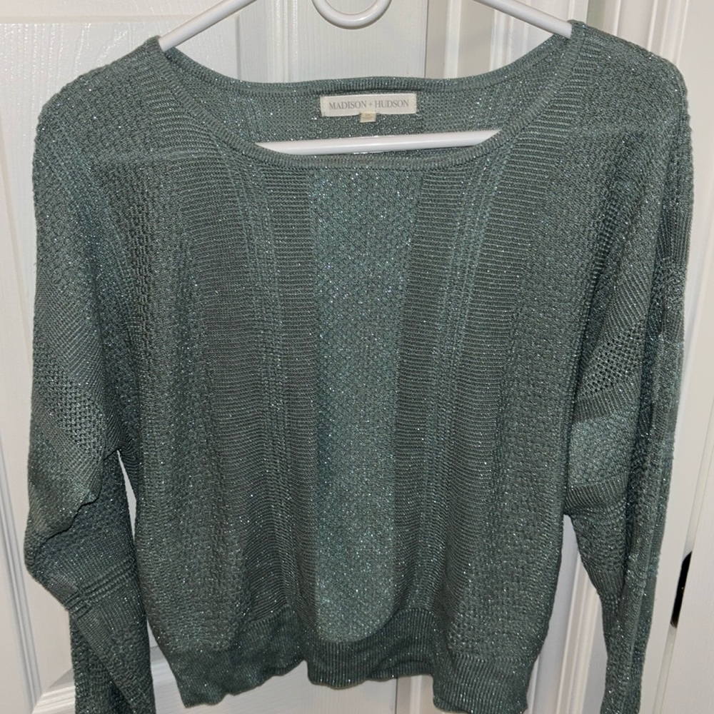 Women's Scoop Neck Sparkle Sweater - Sage Green